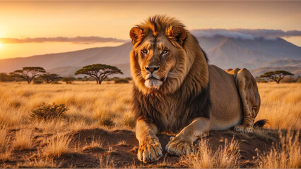 Lion in the savannah of Amboseli National Park, Kenya