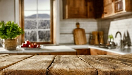 Wooden desk of free space and kitchen interior