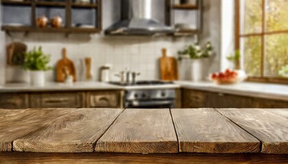 Wooden desk of free space and kitchen interior