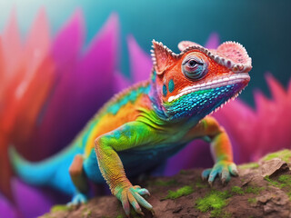 Obraz premium chameleon multicolor Fluorescent Fantasy, cute 3d character - generated by ai