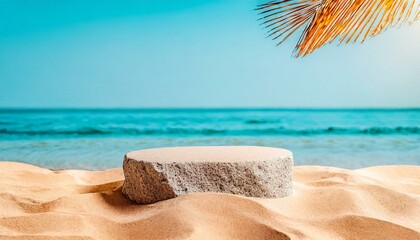 Fototapeta na wymiar Summer sand and tropical sea background with abstract stone podium (buyuk).jpg
