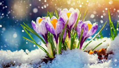 spring crocus in snow,art background design