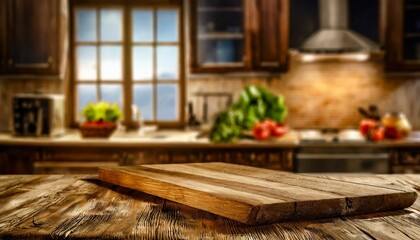Wooden desk of free space and kitchen interior 