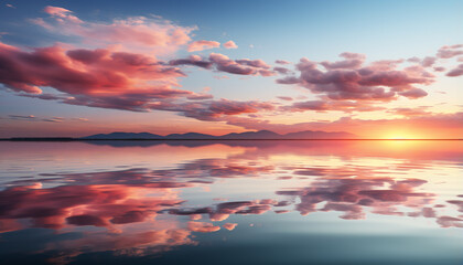 Fototapeta premium Sunset over water, reflecting a tranquil, vibrant, pink and orange sky generated by AI
