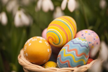 Fototapeta na wymiar Colorful Easter Eggs in Basket on Spring Background