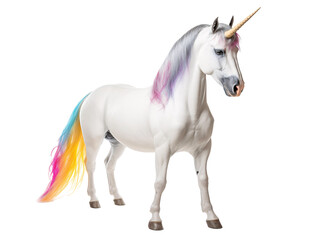 Obraz na płótnie Canvas a white horse with rainbow hair and a horn