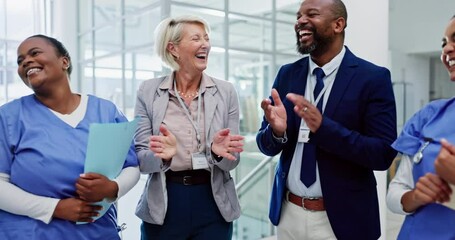 Workers, nurses and happiness with celebration, hospital and healthcare and appreciation of teamwork. Laughter, applause and success of meeting, medical and professional for work or excited for goal