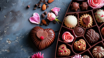 Chocolats de luxe pour la Saint-Valentin dans une boîte cadeau en forme de coeur - obrazy, fototapety, plakaty