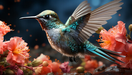 Hummingbird hovering, vibrant feathers spread, pollinating flowers in nature generated by AI