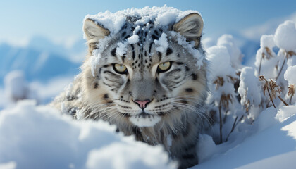 Obraz premium Majestic snow leopard stalking, staring, cute in winter wilderness generated by AI