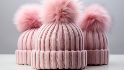 Soft pink wool cap with fluffy pom pom, perfect for winter generated by AI