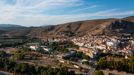 Aerial photo from drone to city of Loja and Church of the Incarnation with Moorish Alcazaba and...