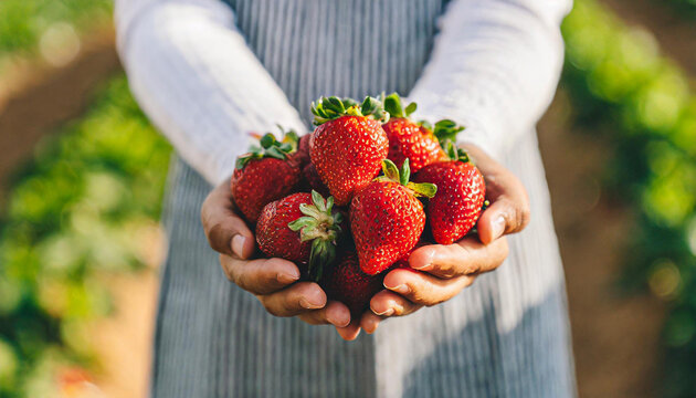 person picking strawberries in the field and holding strawberries in her hands