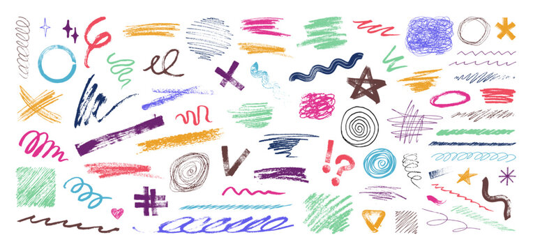 Hand drawn scribble, squiggles, curly lines, doodles drawn with a brush, felt-tip pen, chalk, charcoal, pen and pencil. Graphic box scribble and squiggles. Colorful set doodles elements. Vector