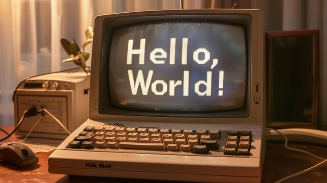 retro "Hello, World!" written on a old compaq computer screen, background retro office, 