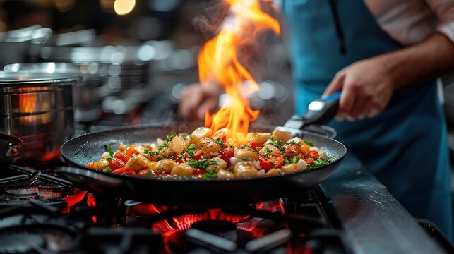 A professional Asian chef prepares various Chinese dishes in the kitchen of an expensive restaurant