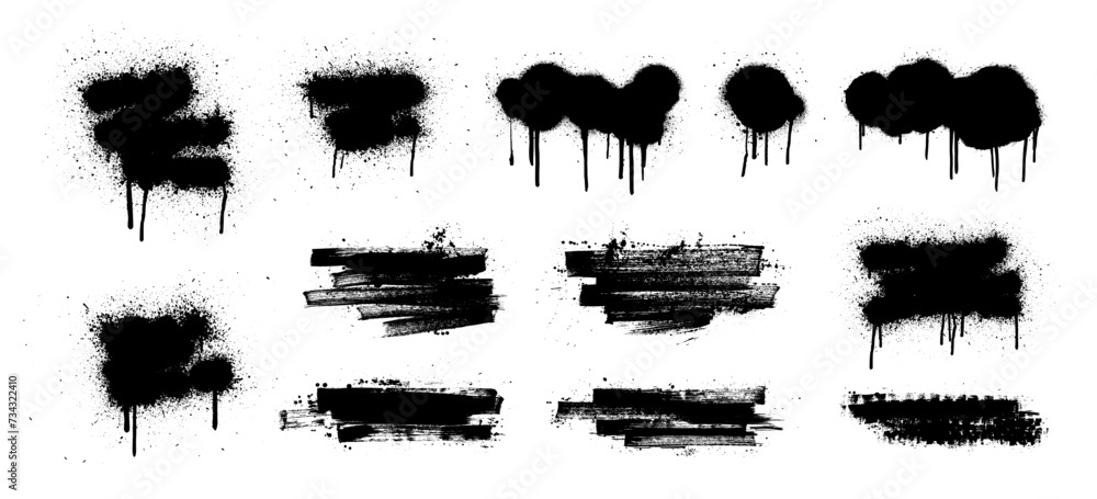 Poster black dried paint with splashes, dirty textured brush strokes, ink stencils for graphic design, text