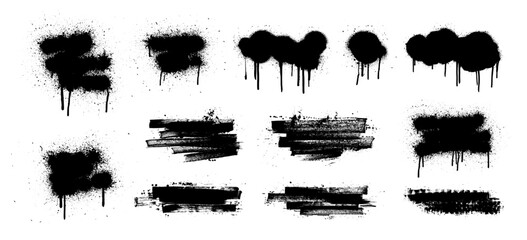 Black dried paint with splashes, dirty textured brush strokes, ink stencils for graphic design, text fields. Grunge frame callouts for text, Artistic template texture of ink brush strokes. Vector - obrazy, fototapety, plakaty