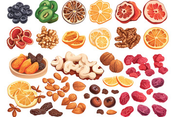 dried fruits and nuts set isolated vector style