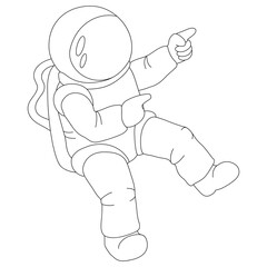 Cartoon astronaut flying in space. Vector illustration for coloring book, children entertainment, print. Black and white.