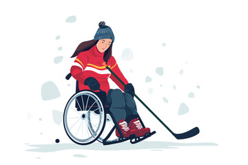 woman in wheelchair playing Sledge Hockey isolated vector style