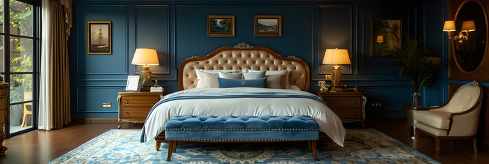 A luxurious bedroom with elegant interior design. Created with generative AI.