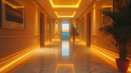 A well-lit hallway with modern interior design. Created with generative AI.