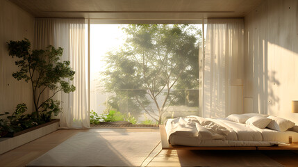 A serene bedroom with calming interior design. Created with generative AI.