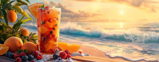 Summer cocktail drink l in tall glass, summer beach or sea coast - obrazy, fototapety, plakaty