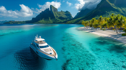 A yacht is anchored near a tropical beach with clear blue water, palm trees, and mountainous...