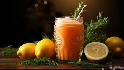 Fototapeta premium Fresh lemon slice on ice in a glass of citrus drink generated by AI