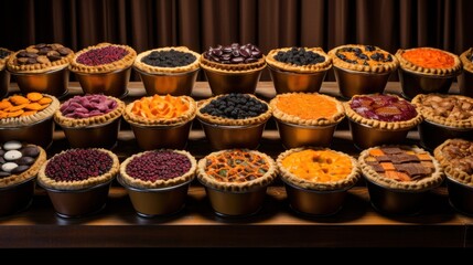 A large number of pies are arranged in small cups on a table, AI