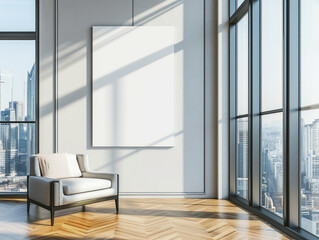 A modern office interior with a large blank frame on the wall, next to floor-to-ceiling windows overlooking a cityscape. Ai generative
