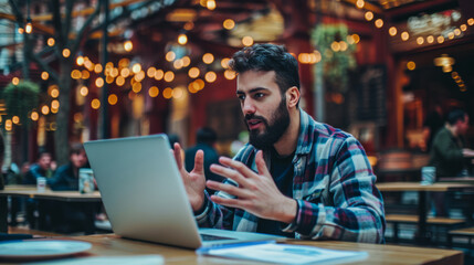 Engaged man explaining ideas during a video conference in a vibrant cafe environment. Generative AI - obrazy, fototapety, plakaty