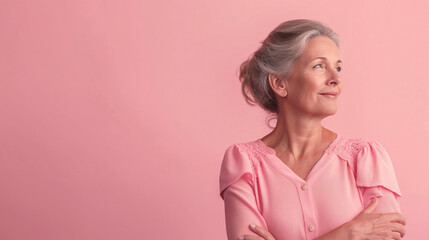 Retrato de mujer madura vestida de color rosa sobre fondo liso de color rosa.  - obrazy, fototapety, plakaty