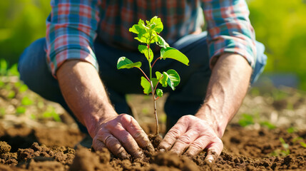Farmer planting a sapling in fertile soil, investment in environmental sustainability. Generative AI