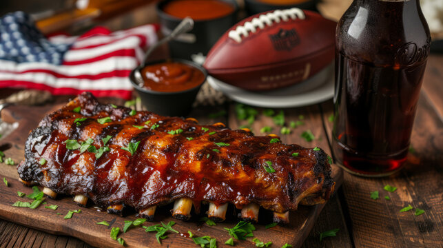 Bbq ribs, football and US flag in the background
