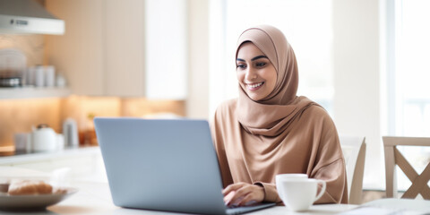 Fototapeta na wymiar Cheerful woman in light hijab using laptop in a well-lit kitchen, freelance work concept. Generative AI