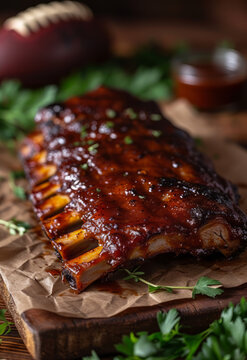 Bbq ribs, football in the background