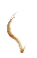 Abstract cloud fly. Yellow colored sand splash throwing curve circle in Air. Golden grain wave explode. Fine Sand flying explosion, White background Isolated throwing particle element object
