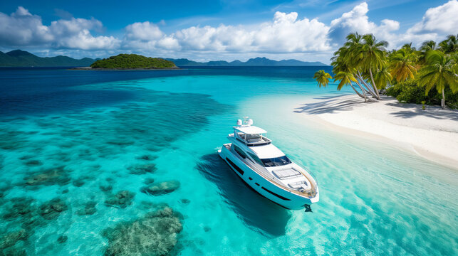 A luxurious yacht anchored near a tropical beach with clear blue ocean water, palm trees, and a sunny sky. Ai generative