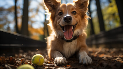 Un chien joyeux court après une balle dans un parc verdoyant, tandis que des enfants rient et jouent, égayant l'atmosphère de leur innocence.