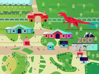 Park with pavilions, dinosaur and zoo 