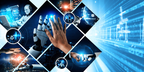 Human interact with AI artificial intelligence virtual assistant robot. Concept of AI artificial...