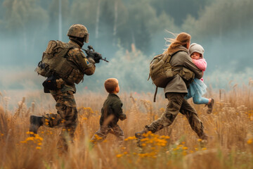 Military rescue of hostages, a woman with a child in her arms and a little boy are running accompanied by a military man with a weapon across the field, scenes of war, civil defense day - obrazy, fototapety, plakaty