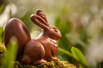 Obraz premium Small chocolate bunny with eggs sitting on green forest