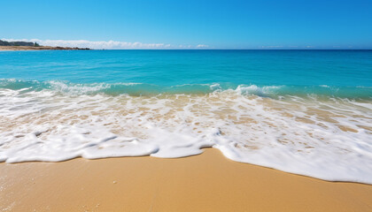 Fototapeta premium Tranquil summer coastline, turquoise wave reflects bright sunset sky generated by AI