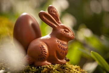 Small chocolate bunny with eggs sitting on green forest