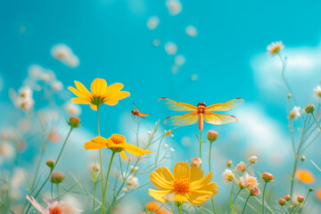 Wild yellow flowers and dragonflies on a meadow in nature in the rays of sunlight against the sky in summer or spring. Scenic summer art background with soft focus, low angle