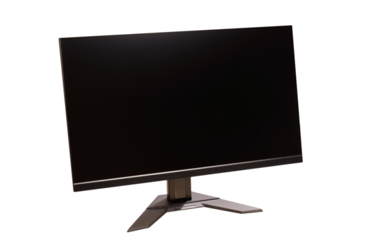 Generic modern black gaming computer monitor, front-facing angle, object isolated on white, cut out. Home office gamer desktop PC monitor screen, high quality 2k 4k 27 inch display on white, nobody